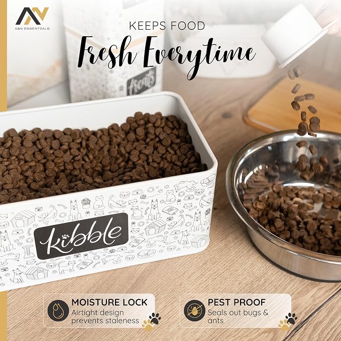 A&N Essentials 3-Piece Pet Food Storage Container Set – Airtight Galvanized Steel with Bamboo Lids – Holds Up to 6 lbs Kibble & 6 Cups Treats for Dogs & Cats