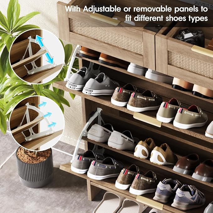 Halitaa Shoe Cabinet with 2 Flip Drawers & 2 Drawers,Farmhouse Shoe Storage Cabinet for Entryway,Slim Freestanding Narrow Organizer Rack for Front Door Entrance,Rustic Oak Rattan