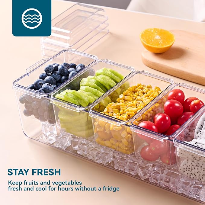 2 Pack Garnish Tray Chilled Condiment Server with 5 Small Containers | Ice Condiment Organizer and Removable Compartments, Clear Garnish Serving Platter for Kitchen, Fruit, Salad, Food