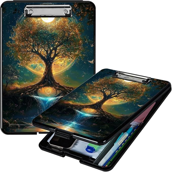 Heavy Duty Storage Clipboard, Slim Nursing Clipboard with Internal Pen Case, Portable File Organizer Case for A4 Letter Size Paper Office Medical Professionals, Moon Orange Tree
