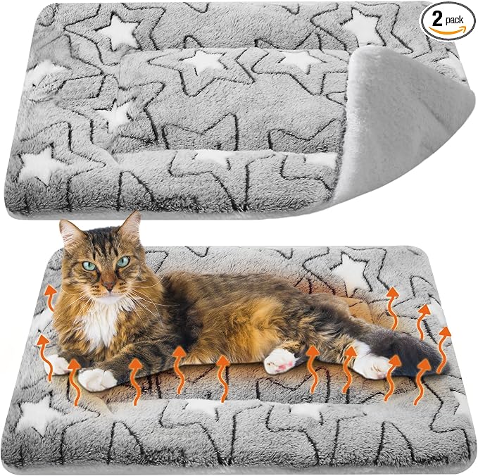 2 Pack Self Warming Cat Mat Self Heating Pad Bed Reversible Machine Washable Reflects Body Heat Warm Thermal Pet Pad Crate Blanket for Feral and Indoor Cat(Double Star,22'' X 18'')
