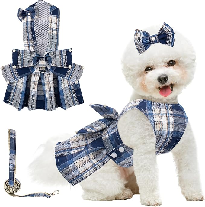 Coppthinktu Plaid Dog Dresses for Small Dogs Girl Bowknot Harness Leash Set