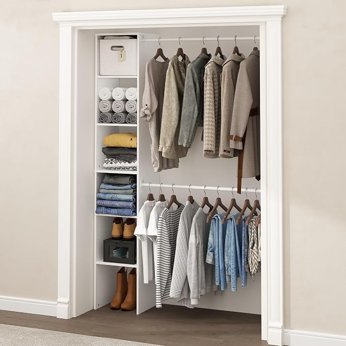 Furinno FANO Closet Organizers and Storage, 5-Tier Closet Storage Organizer with 2 Hanging Bars, Wardrobe Closet Shelf Towers, Adjustable Shelves, for Wardrobe, Bedroom, Living Room, White