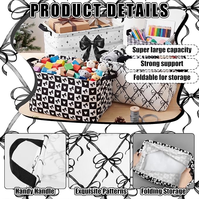 4 Pcs Coquette Black Bow Storage Basket for Gifts Dark Preppy Girly Collapsible Fabric Storage Bins with Handle Foldable Laundry Organizer for Home Bedrooms Baby Clothes Toys Books