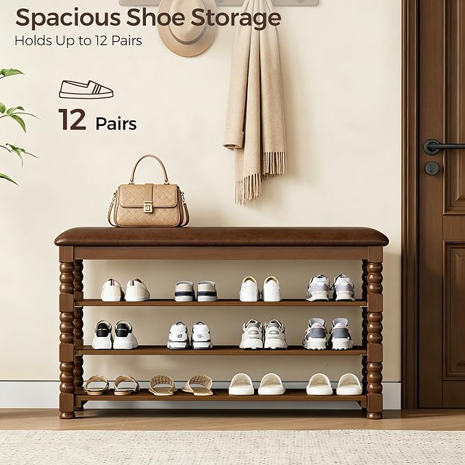 Homleke 39.4" Wide Solid Wood Shoe Rack Bench with Classic Turned Ball Legs | Tall 3-Tier Entryway Bench with Leather Seat, Holds Up to 12 Pairs, for Hallway, Bedroom and Closet, Walnut