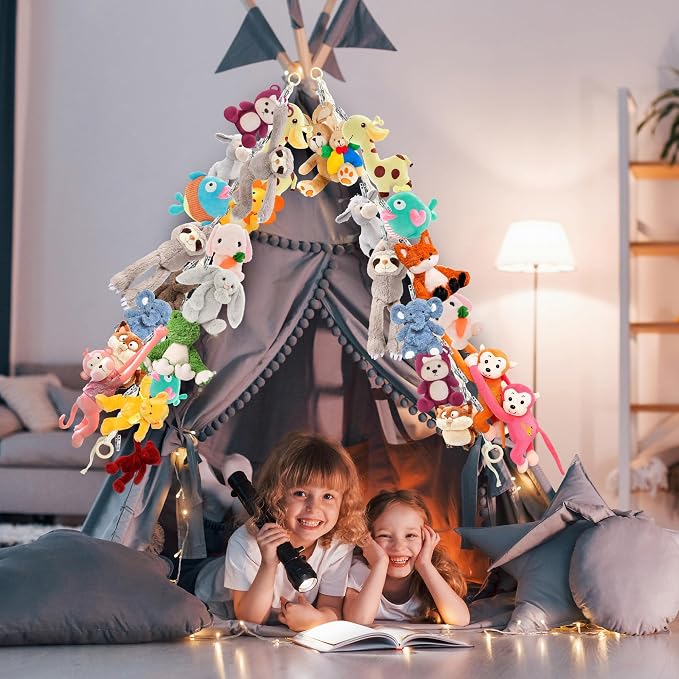 2pcs Stuffed Animal Storage Chain Boho Stuffed Animal Hammock | with 40pcs Metal Clips, Stuff Animal Organizer Hanging Storage for Bedroom Wall Door Display