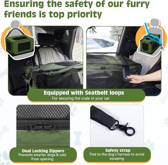 24" Small Dog Crate,Portable Crate for Small Dogs, Portable Travel Pet Crates,Soft Dog Crate Collapsible Dogs Crate,with 4 Mesh Doors, Foldable Car Kennel for Puppy with Handle for Outdoor - Green