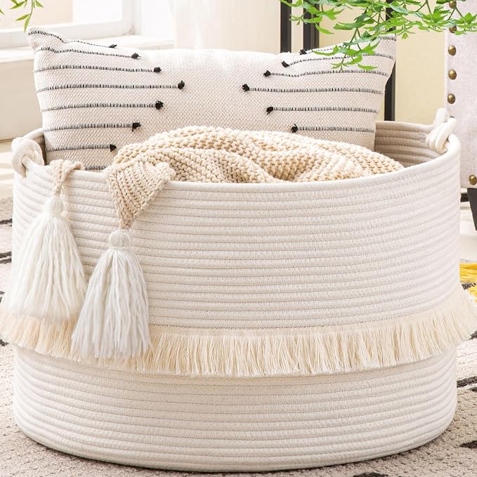 KAKAMAY Large Blanket Basket (20"x13"),Woven Baskets for storage Baby Laundry Hamper, Cotton Rope Blanket Basket for Living Room, Laundry, Nursery, Pillows, Baby Toy chest (White) | Extra Large Capacity,Blanket Storage | Laundry Basket | Natural Cotton...