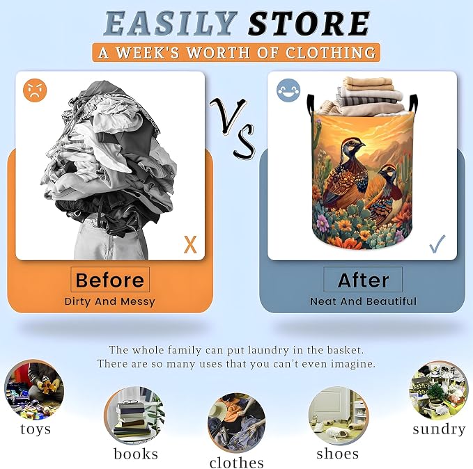 Quail Desert Laundry Basket, Cactus Flower Bird Storage Hamper, Round Collapsible Waterproof Cloth Bin, 19.7x15.7 Inch Southwestern Clothes Organizer Gifts for Bathroom Decor