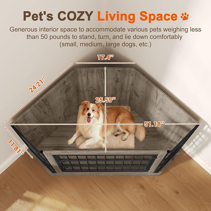51" Corner Dog Crate Furniture Large Wooden Dog Kennel Indoor Dog House | With 2-Tier Shelves, Large Storage Space, Space-Saving Design, Multi-functional Pet House, Sturdy & Secure, Easy Assembly