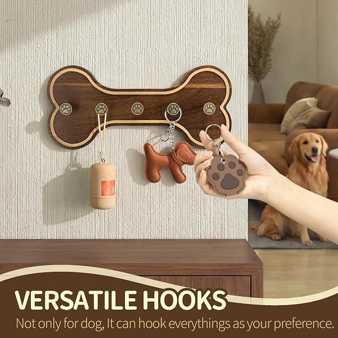 MTERSN Acacia Wood Dog Leash Holder for Wall – Farmhouse Dog Stuff Organizer and Dogs Bone Key Holder Wall Mount with 3D Paw Hooks - Cute Pet Organizer for Leashes, Keys & Home Decor(Dark Acacia) | Dog Bone Key Holder Wall Mount, Five Key Hooks, Farmho...