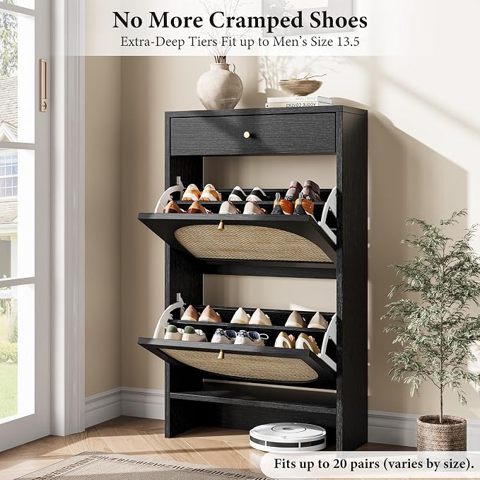 Shoe Cabinet for Entryway, Slim Shoe Rack with 2 Flip Drawers and Top Storage Drawer, Narrow Shoe Organizer with Printed Rattan-Look Design, Entryway Shoe Storage for Size 12+ Shoes, Black