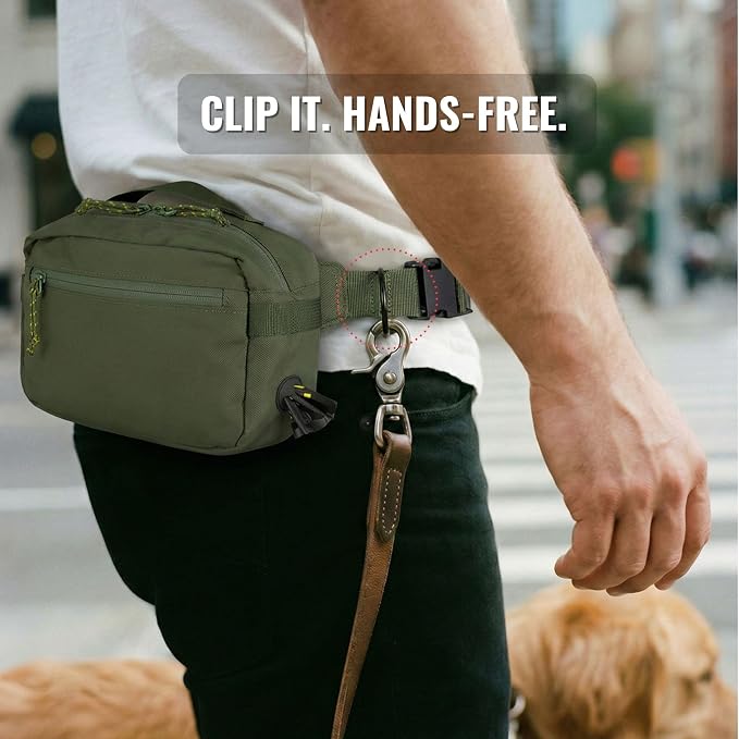 Crossbody Dog Walking Bag, Treat Pouch & Poop Bag Holder, Olive Green | Crossbody dog walking bag, hands-free. PEVA-lined treat pouch, poop bag holder, leash hook. Water-resistant, 4-50 in. strap