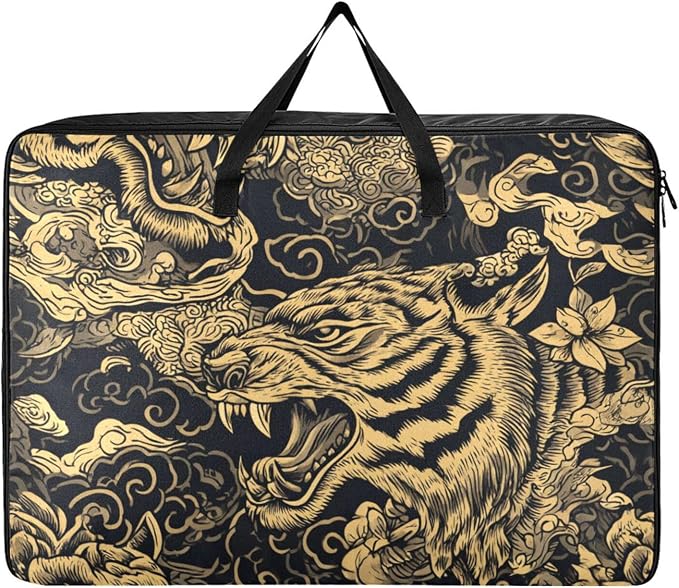 Comforter Storage Bags Large Folding Blanket Organizer Bag with Strong Handles Clear Window Closet Storage Containers for Clothes King Queen Pillows Bedding Quilt Duvet Tigers Tattoo Gold