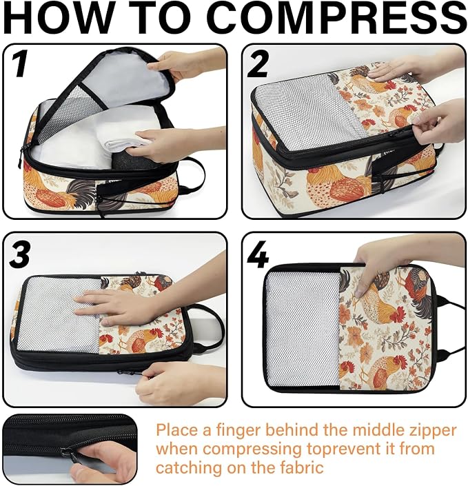 Farmhouse Chicken 6 Set Compression Packing Cubes | Flower Rooster Travel Accessories Expandable Packing Organizers Space Saver Bags for Organizing Clothes