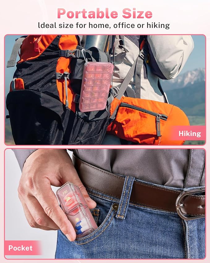 Weekly Pill Organizer 3X a Day - 7 Day Pill Box with 21 Compartments (Morning/Noon/Night), BPA-Free Daily Pill Case, Portable Medicine Organizer for Vitamins, Supplements & Medication【Upgrade】 (Pink)