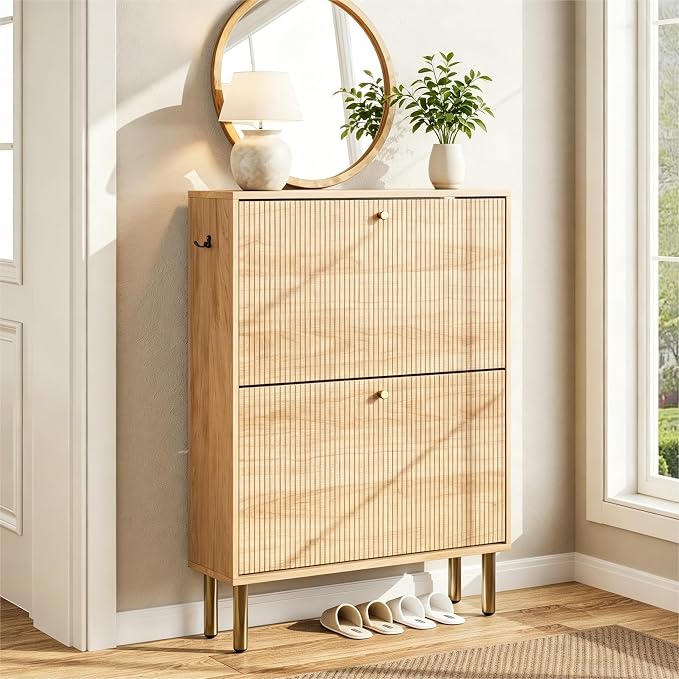 Shoe Storage Cabinet for Entryway - Ultra Slim Shoe Cabinet with Tiered Fluted Design - Modern Shoe Organizer for Entryway with Gold Legs, Hidden Shoe Rack for Small Spaces, Fits Men's Size 12+