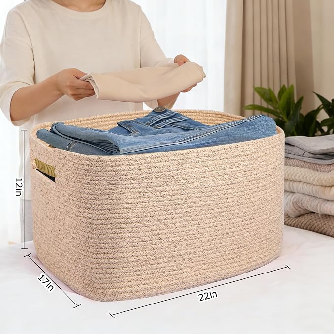 Large 75L Woven Laundry Basket, Collapsible Cotton Rope Storage Hamper for Blankets, Toys, Dirty Clothes, Rectangle Nursery Basket for Living Room, Bedroom, Baby Room - Brown