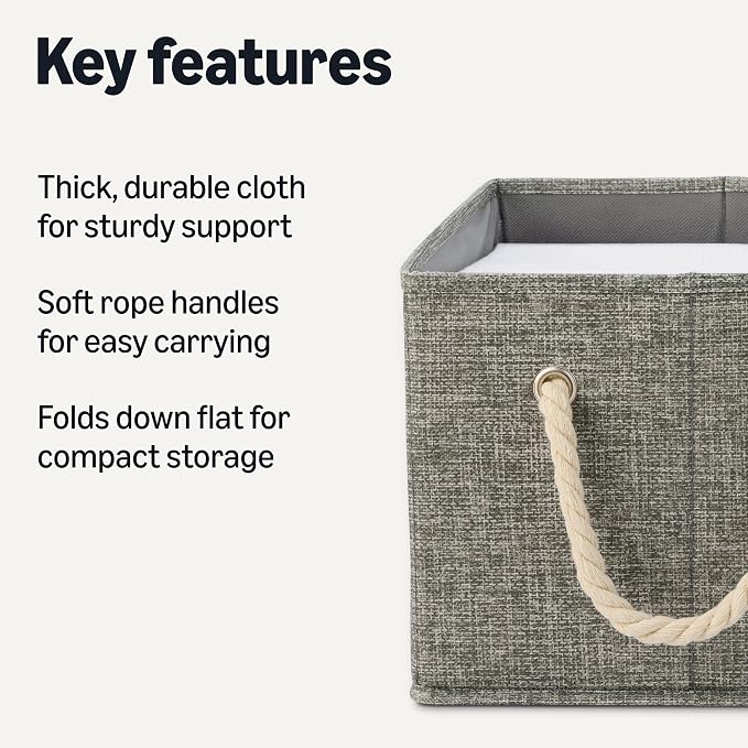 Amazon Basics Foldable Storage Bins with Rope Handles, Closet Organizers, Storage Baskets for Organizing, Large, Charcoal, 3-Pack