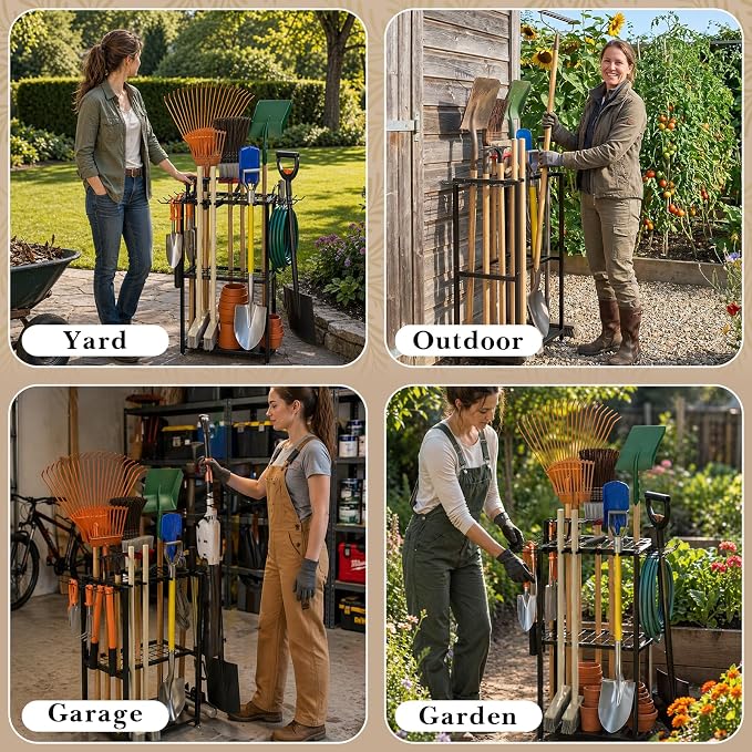 Faesun Garden Tool Organizer, 3-Tier Metal Yard Tool Rack with 14 Hooks & 5 Slots, Holds 50+ Rakes/Shovels/Brooms, Heavy Duty Freestanding Lawn Tool Storage for Garage Shed Outdoor Organization
