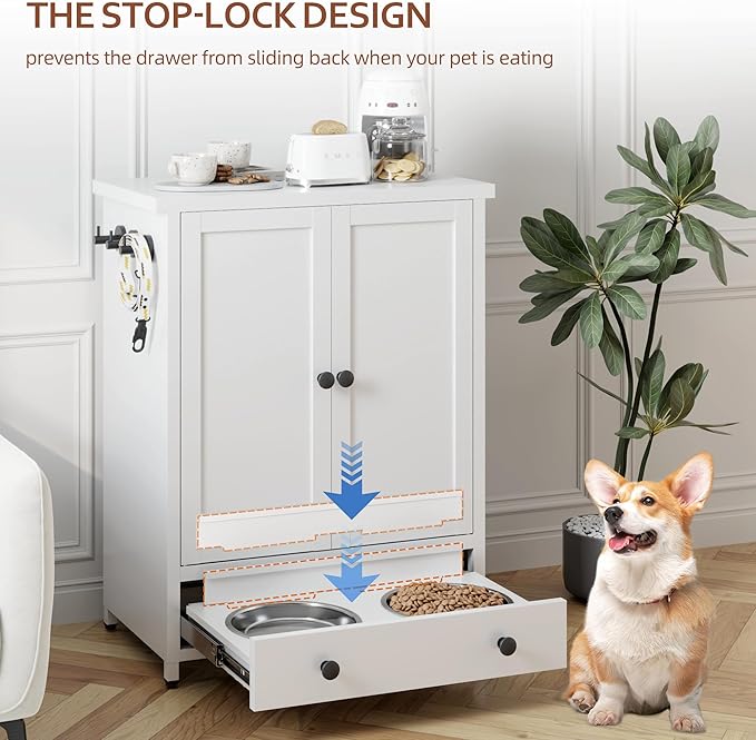 Dog Feeding Station with Storage, Metal Dog Food Storage Cabinet with 2 Elevated Bowls and 3 Hooks, Pet Feeding Station and Dogs Food Storage Organizer