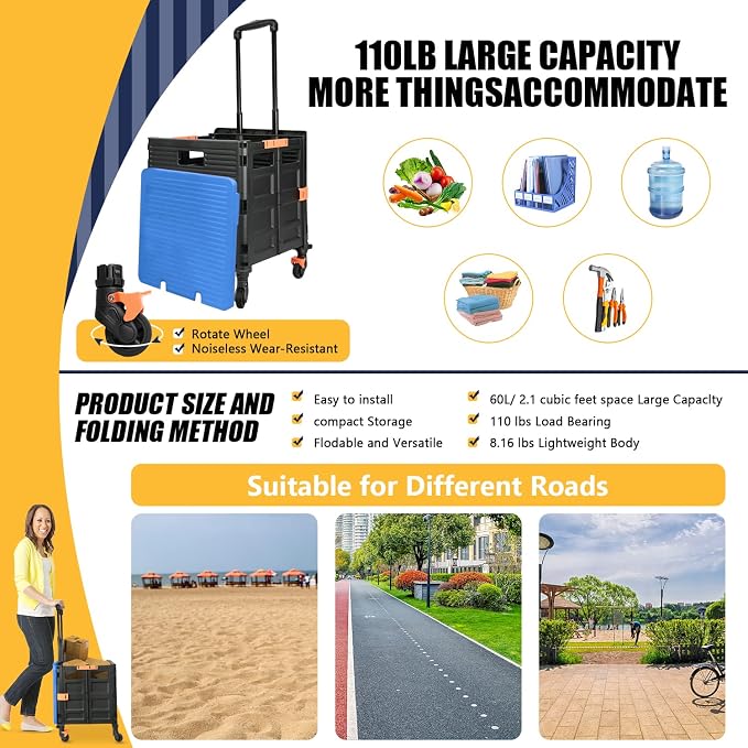 Foldable Utility Cart Collapsible Crate Rolling Carts Handcart Trolley Tool Box Basket 4 360°Noiseless Wheels Lid Telescoping Handle for Shop Grocery Luggage Move Office School Teacher (Blue)
