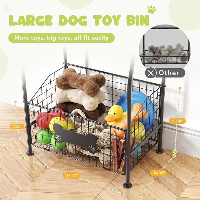 Large Dog Toy Basket, Metal Toy Bin for Dogs with Wood Countertop, Pet Toy Storage Basket with Collar Leash Holder Hook, Toy Holder for Dog Stuff Accessories, Toy Box for Living Room Area