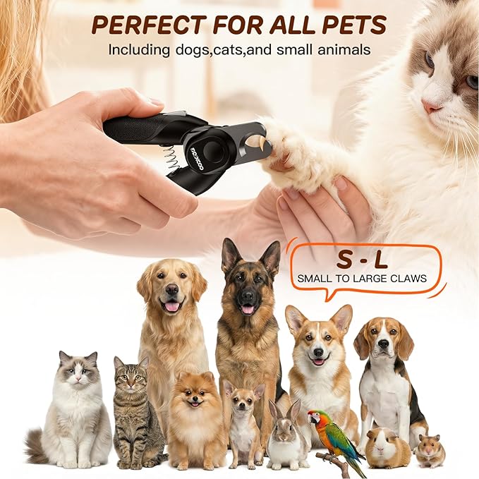 Dual-LED Pet Nail Clippers with Stepless Brightness Adjustment, Side Lock & Retractable File, Anti-Slip Handles for Dogs and Cats (Black)
