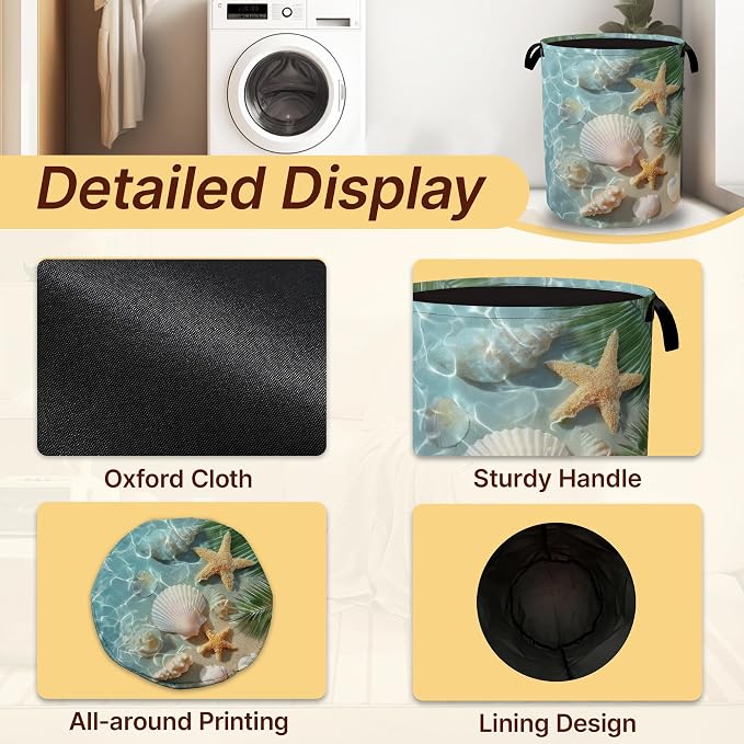 Sea Beach Laundry Basket,Starfish Shells Collapsible Laundry Baskets with Handles,Waterproof Oxford Cloth Hamper,Storage Organizer for Bathroom Bedroom Dorm