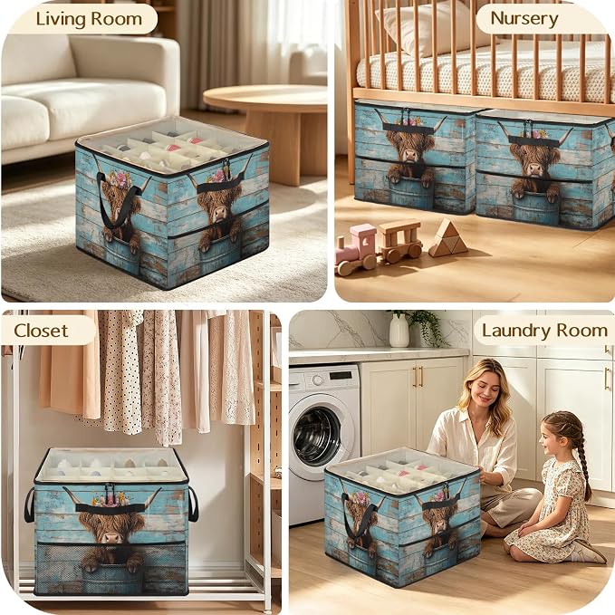 TropicalLife Highland Rustic Cow Shoe Organizer for Closet | Farmhouse Farm Animals Foldable Shoe Storage Organizer Box Bin with Adjustable Dividers & Clear Cover, Fits up to 16-32 Pairs