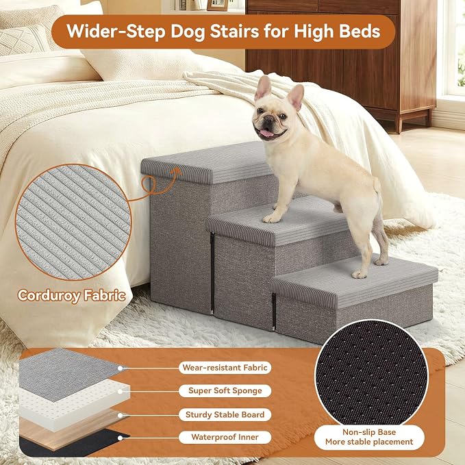 Zerbuger Dog Stairs with Storage, Grey Stripes Lids 3 Steps Ramp no Condo | 18" H Wider Dog Steps for High Beds Couch, Folding Storage Pet Stairs Gift for Climbing Small/Medium/Large Old Dogs Cats