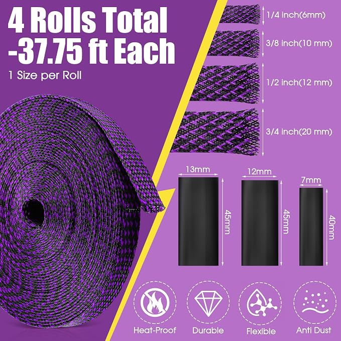 Tatuo 151 ft Braided Cable Sleeve Expandable Wire Sheathing(Purple) | cable sleeve expandable wire sleeve heat shrink tubing black wire sheathing cord management 1/4 2/5 1/2 3/4 in multi size shr