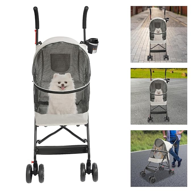 2 Wheels Pet Stroller, Foldable Pet Strolling Cart with Storage Basket and Cup Holder, Puppy Kitty Stroller with Weather Cover, Travel Gear for Medium Small Dogs and Cats Under 22lbs (Gray)