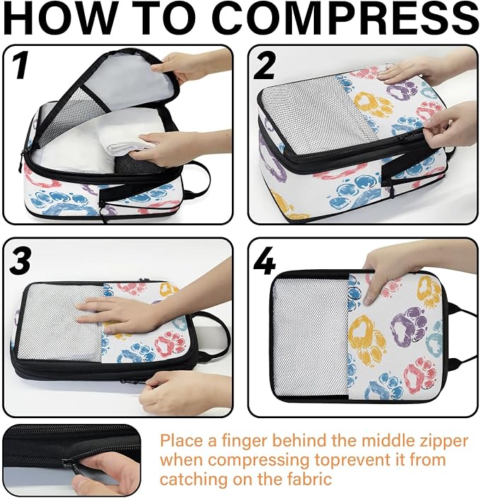 Paw Print Compression Packing Cubes Paw Print Pet Animal 6 Set Travel Packing Cubes for Suitcases Lightweight Expandable Organizers