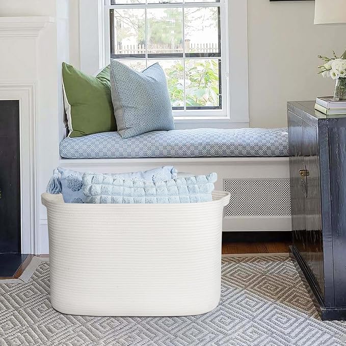108L Extra Large Storage Basket, 25" x 16" x 16" White Blanket Basket Living Room, Oversized Cotton Rope Blanket Storage, Woven Kids Dog Toy Bin Box Organizer, Laundry Shoes Towel Bin, White