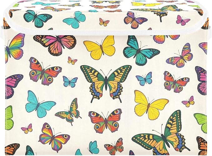 Storage Bins with Lid Colorful Butterfly Foldable Storage Boxes 40L Baskets | Decorative Storage Boxes, 300D Oxford Cloth, Hollow Board Frame, Flip Top Velcro Lid, 16.5x12.6x11.8 inch, Collapsible Design