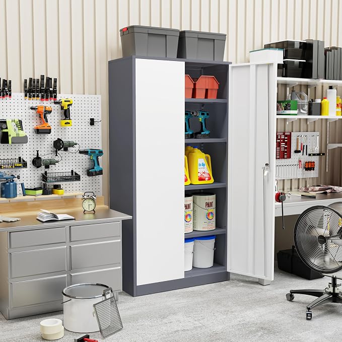 Crownland 72" Lockable Metal Storage Cabinet, Garage Storage Cabinets, High Office Cabinet with Adjustable Shelves for Garage, Home Office,Pantry, File(Grey White)