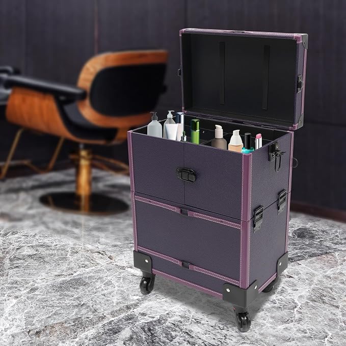 Rolling Makeup Train Case, Aluminum Cosmetic Trolley Organizer with Sliding Drawers, Barber Case with Key Swivel Wheels, Travel Cosmetic Organizer for Hair Stylists,Pet Groomers,Makeup Artists, Purple
