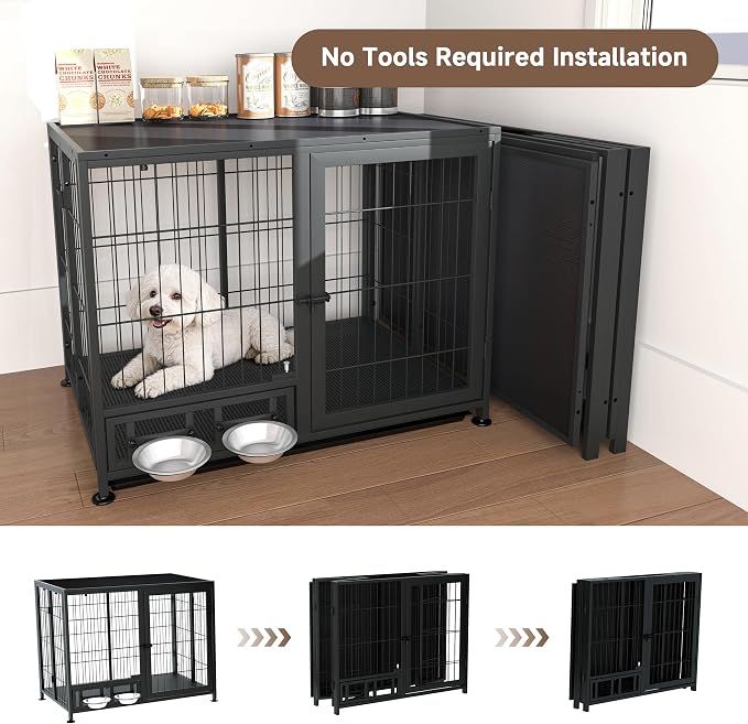 Heavy Duty Dog Crate for Medium Dogs, 3 in 1 37.8" Foldable Collapsible Dog Kennel & Playpen with Wheels & Feeding Bowls, Escape-Proof Metal with Lockable Door for Indoor Outdoor Use, Black