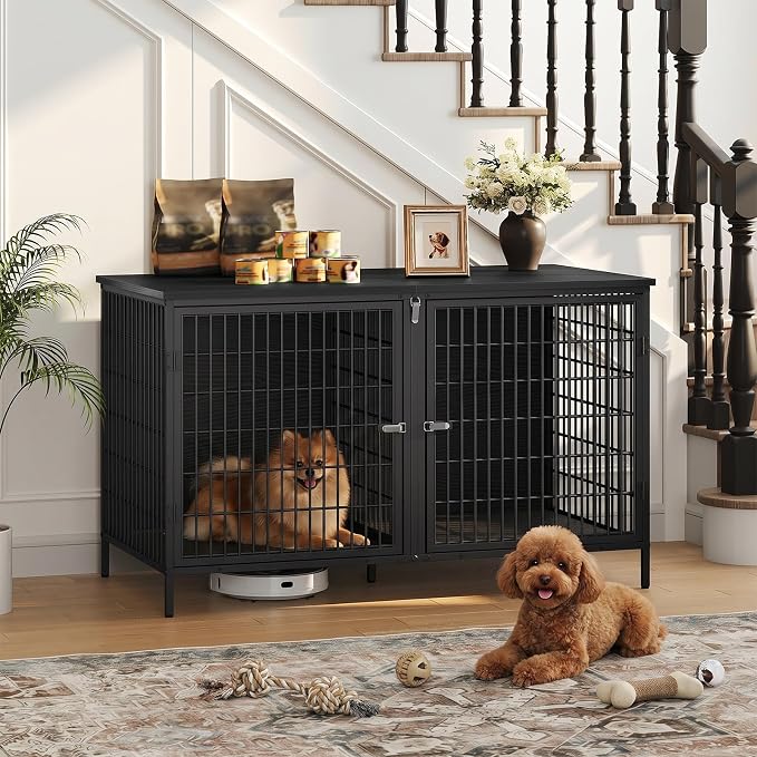 MAHANCRIS Dog Crate Furniture for 2 Dogs, 43.3" Dog Kennel with Removable Divider, Heavy Sturdy Dog Furniture Style Double Cage for Small Medium Dog, Indoor Pet House End Table, Black DCBK1201