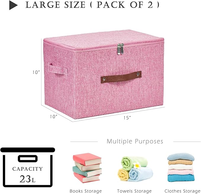 2PCS Storage Bins with Zipper Lids Decorative Lidded Basket Box | Clothes Container, Closet Shelf Organizer, Foldable Washable, Cotton Linen Fabric, w/ PU Leather Handles, Pink, Large