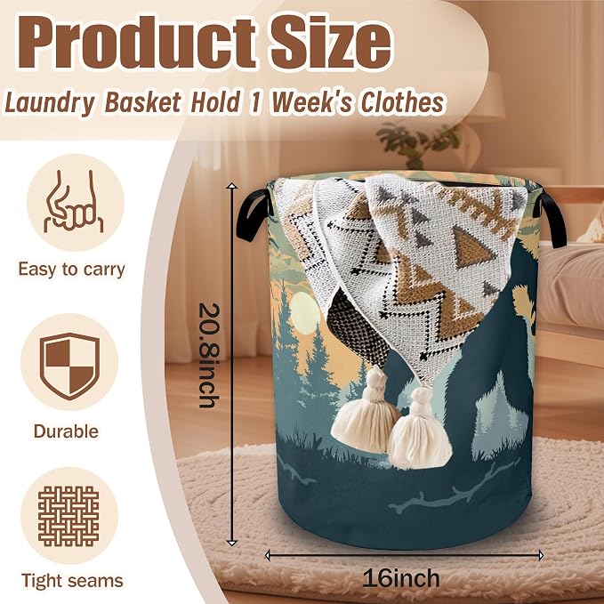 Laundry Basket Big Foot Forest Collapsible Laundry Baskets Waterproof Oxford Cloth With Handles,Sunset Laundry Hamper Clothes Storage Bucket Toy Organizer for Bathroom/Nursery/Bedroom 16" x 20.8"