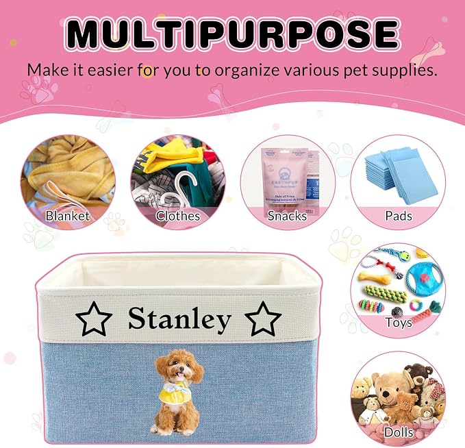 Personalized Dog Toy Basket with Name Photo Custom Dog Food Storage Bins Collapsible Organizer for Toys Dolls Clothing-Purple