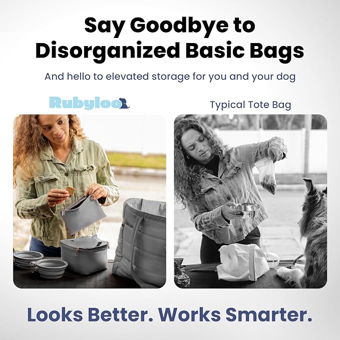 Puffer Dog Travel Bag for Dog Moms, Diaper Bag with Travel Bowls | 2 BPA-Free Collapsible Bowls, 2 Pet Food Containers, 9 Pockets, Everyday Puffer Bag Works With or Without Your Dog, Grey