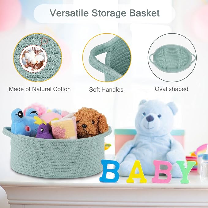 COMSE Empty Small Gift Basket with Bag & Ribbons, Light Green | Cotton Rope, 12"x 8"x 5", Baby Toy Organizer, Stores Small Items for Bedrooms, Nurseries, Bathrooms, Living Rooms, Offices