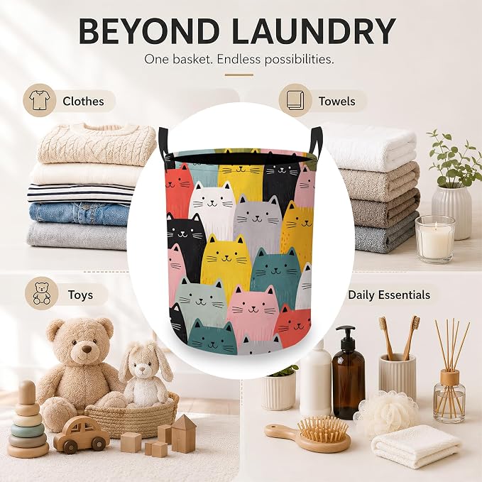 Cute Cat Laundry Hamper, Colorful Cat Laundry Baskets, Waterproof Oxford Cloth for Room/Bathroom/Bedroom/Dormitories 16x20.8 Inch
