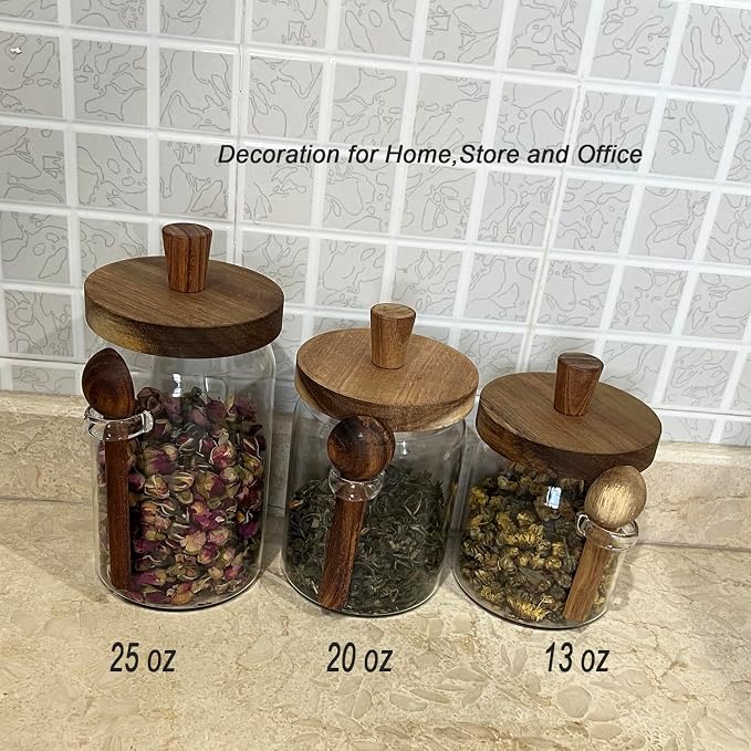 Glass Jars with Brown Wooden Lids and Scoop, Airtight Food Storage Containers with Tray for Sugar Coffee Bean Candy Spice (2, Brown, 13 oz)