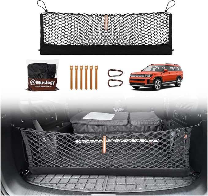Muslogy Cargo Net for 2024 2025 2026 Hyundai Santa Fe Accessories | Custom Fit, Trunk Storage Organizer Net for SUV Sedan Van Divider, with Heavy Duty Carabiners, Night Visible Grab Handle