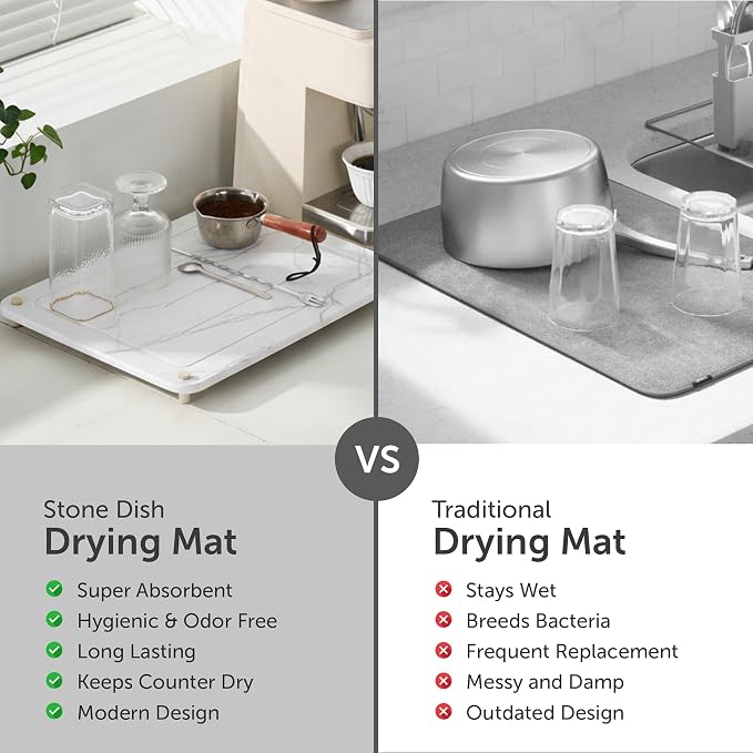 Stone Drying Mat for Kitchen Counter + Sink Caddy | 15.7"x11.8" Diatomaceous Earth Drying Mat with Stainless Steel Feet | Heat Resistant to 450°F | Eco-Friendly Dish Drying Stone for Kitchen Counter