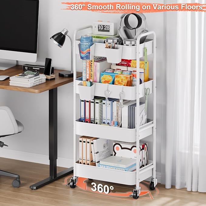 Heavy Duty 4 Tier Rolling Storage Cart Metal with Wheels, White Four Tiered Utility Roller Carts Organizer on Wheels for Art, Craft, Baby Diaper Caddy, Snack, Book, Large-Capacity Shelving Units, 37in